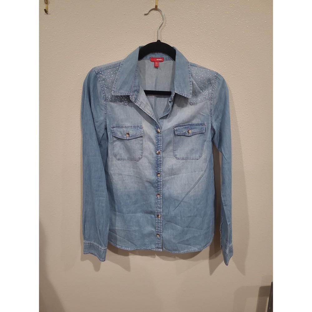 Bongo Cowgirl Western Buttonβ front shirt Rhinestone Women SZ M Chambray cotton